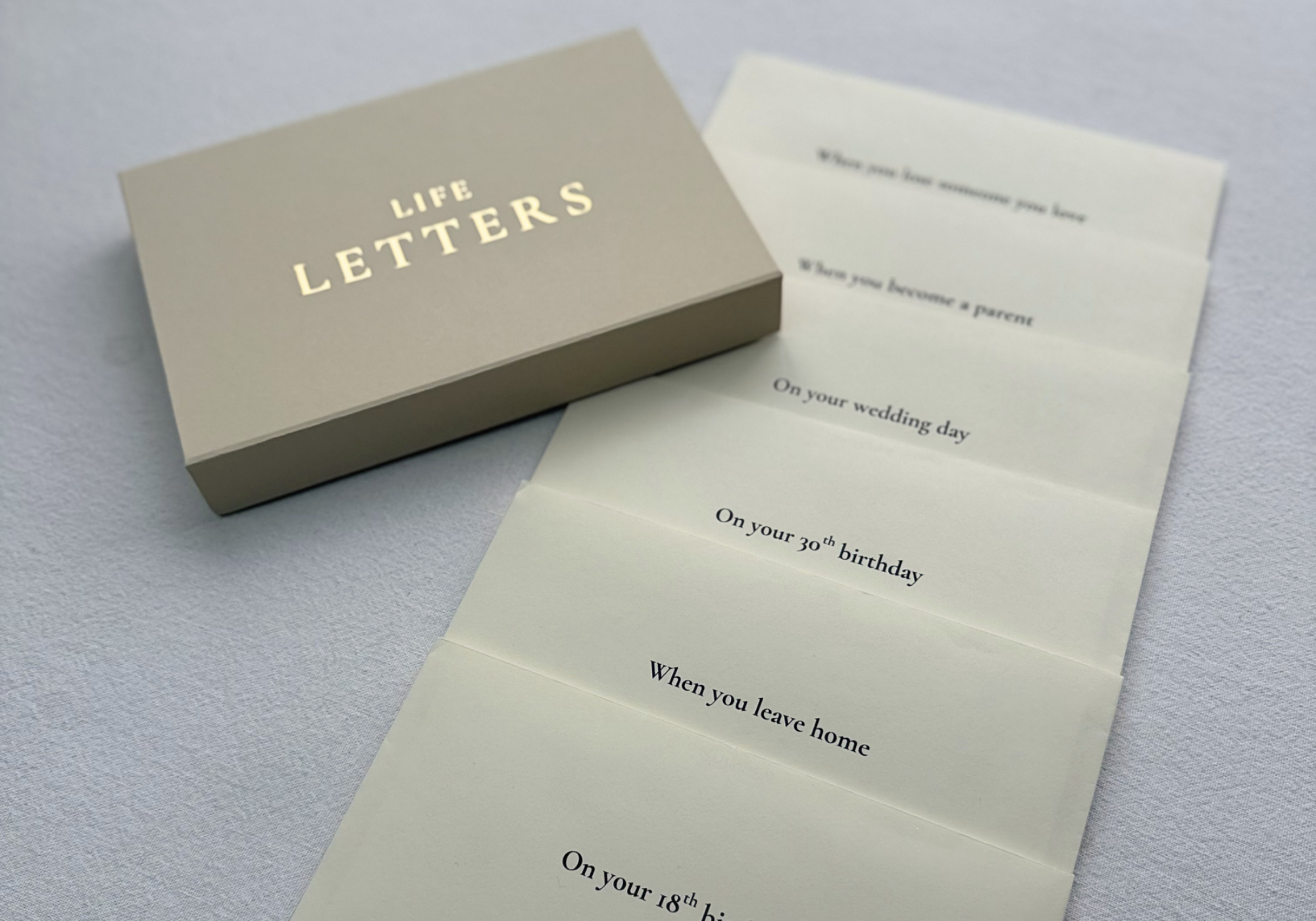 Life Letters box with envelopes laid down next to it.
